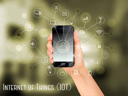 Hand, holding a smartphone, revealing a net of wireless controlled devices. Vector.のイラスト素材