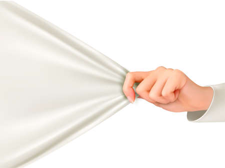 Hand tugging a white cloth with space for text. Vector.のイラスト素材