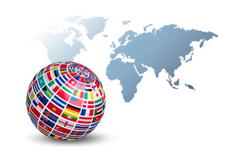 Globe made out of flags on a world map background. Vector.のイラスト素材
