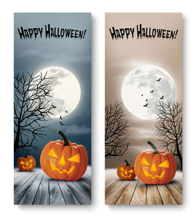 Holiday Halloween Banners with Pumpkins and Moon. Vectorのイラスト素材