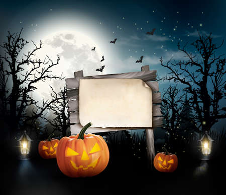Scary Halloween background with a wooden sign. Vector.のイラスト素材