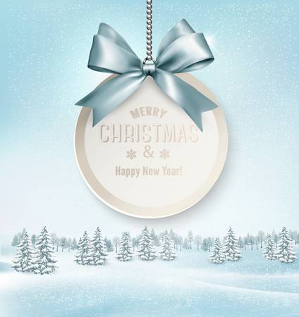 Merry Christmas card with a ribbon and winter landscape. Vector.のイラスト素材