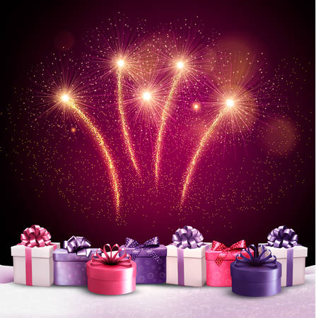Beautiful festive background with fireworks and new year's presents. Vector.のイラスト素材