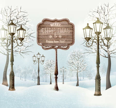 Christmas winter landscape with lampposts and wooden sign. Vector.のイラスト素材
