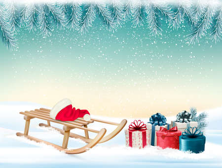 Christmas holiday background with presents and a sleigh.