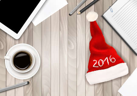 Office Background with Santa Hat, Tablet and Office Supplies. Business Concept. Vector.