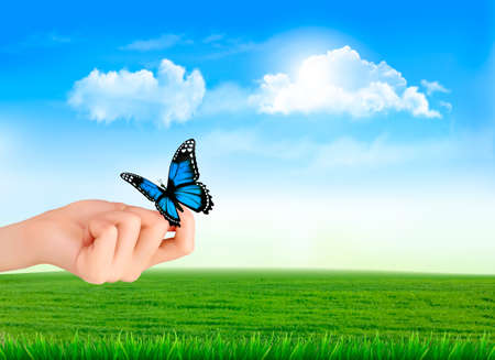 Hand holding a butterflies against a blue sky. Vector illustration.のイラスト素材