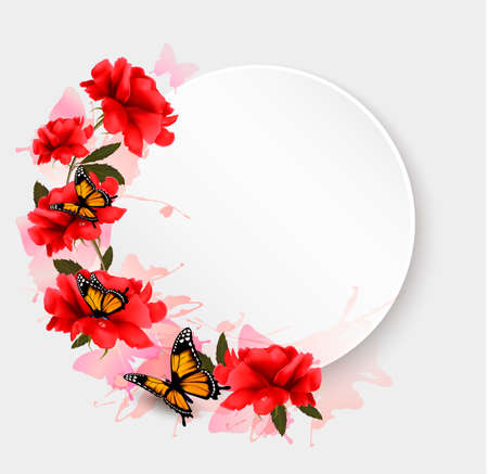 Holiday background with red flowers and butterflies.のイラスト素材