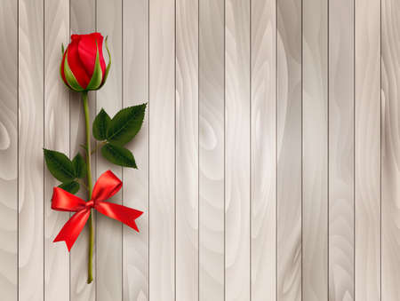 Happy Valentine's day. Beautiful red rose and gift bow on wooden background. Vector.のイラスト素材