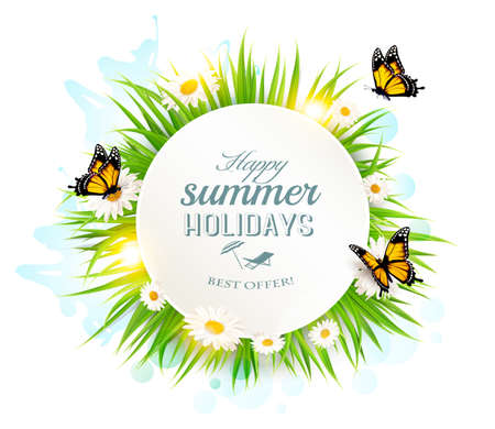 appy summer holidays banner with grass and butterflies. Vector.のイラスト素材