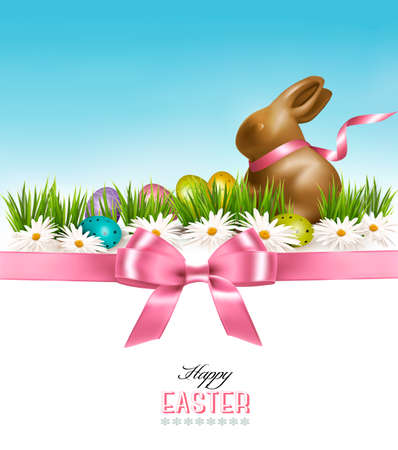 Happy Easter background. Colorful Easter eggs and chocolate bunny. Vectorのイラスト素材