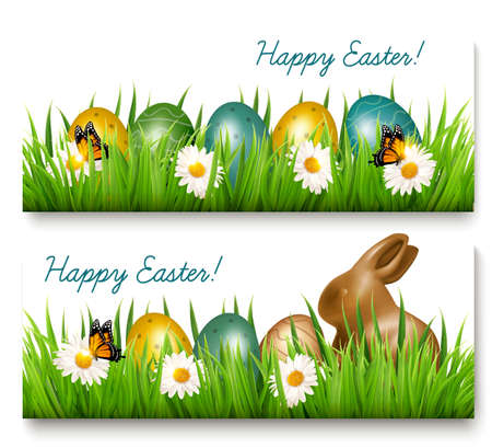 Two Happy Easter banners with Easter eggs and green grass Vector.のイラスト素材
