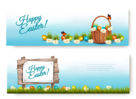 Two Happy Easter banners with Easter eggs in a basket.のイラスト素材