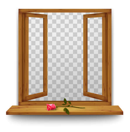 Wooden window with a red rose on the windowsill. Vector.のイラスト素材