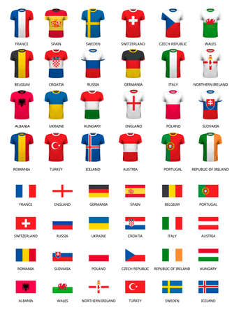 Collection of various soccer jerseys and flags of countries.  Vector.のイラスト素材