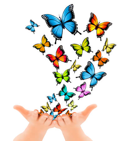 Hands releasing butterflies. Vector illustrationのイラスト素材