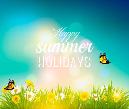 Happy summer holidays background with flowers, grass and butterflies. Vectorのイラスト素材