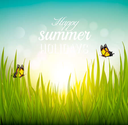 Beautiful summer background with grass and butterflies. Vector.のイラスト素材