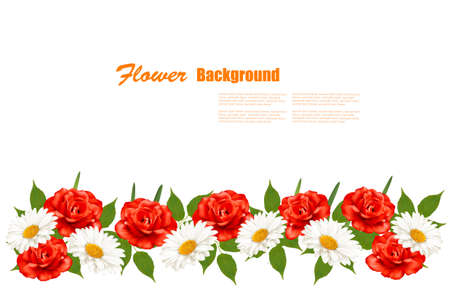 Flower Background With White Daisy and Red Roses. Vector illustrationのイラスト素材
