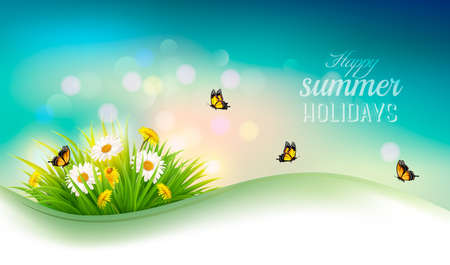 Happy summer holidays background with flowers, grass and butterflies. Vectorのイラスト素材