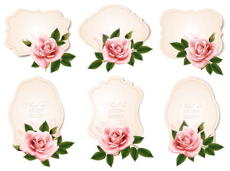 Collection of retro greeting cards with pink roses. Vector illustrationのイラスト素材
