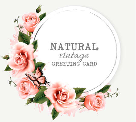 Nature vintage greeting card with beauty flowers and butterfly. Vector.のイラスト素材