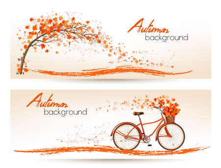 Two autumn banners with colorful leaves and bicycle Vectorのイラスト素材