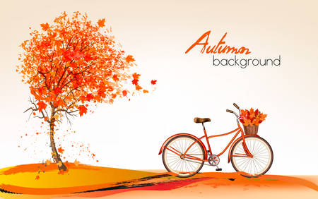 Autumn background with a tree and a bicycle. Vectorのイラスト素材
