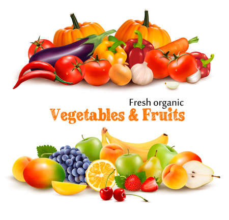 Background With Organic Fresh Vegetables. and Fruits Healthy Food. Vector illustrationのイラスト素材