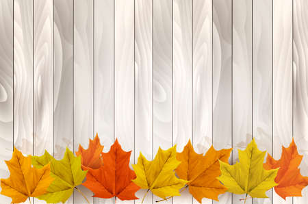 Happy Thanksgiving background with colorful leaves and a wooden backdrop. Vector.のイラスト素材