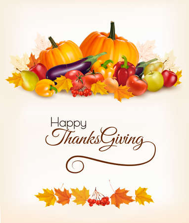 Happy Thanksgiving background with colorful autumn leaves and fruit. Vectorのイラスト素材