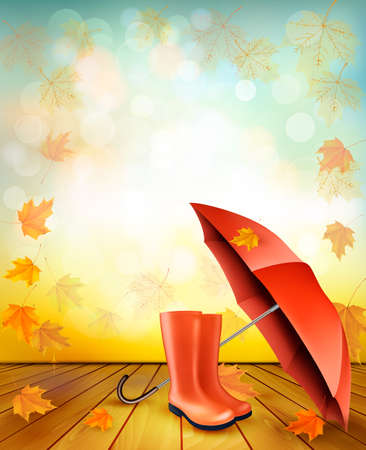 Autumn background with umbrella and rain boots. Vector.のイラスト素材