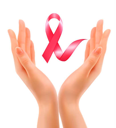Breast cancer awareness. Hands holding a stethoscope with a pink ribbon. Vector.のイラスト素材