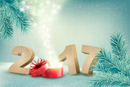 Natural winter background with 2017 sign and a magical gift box. Vector.のイラスト素材