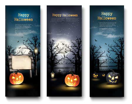 Three Holiday Halloween Banners with Pumpkins. Vectorのイラスト素材