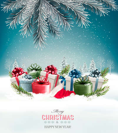 Holiday Christmas card with a gift boxes Vector.のイラスト素材