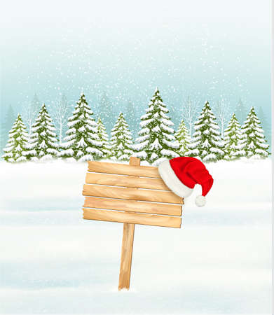 Winter nature background with a wooden sign and a Santa hat. Vector.のイラスト素材