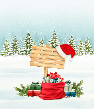 Holiday Christmas background with a sack full of gift boxes. Vector.のイラスト素材