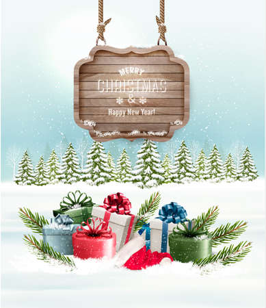 Winter background with gift boxes and a wooden ornate Merry christmas sign. Vector.のイラスト素材