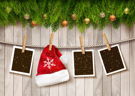 ?hristmas background with photos and a Santa hat. Vector.のイラスト素材