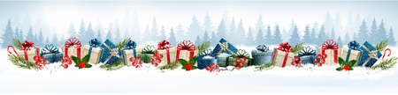 Holiday Christmas background with colorful gift boxes. Vector.のイラスト素材