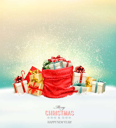 Holiday Christmas background with a sack full of gift boxes. Vectorのイラスト素材