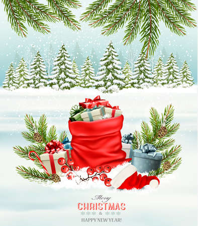 Holiday Christmas background with a sack full of gift boxes. Vector.のイラスト素材