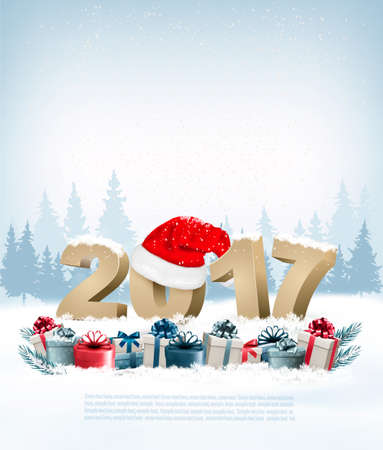 Happy new year background with a 2017 and a gift boxes. Vector.のイラスト素材