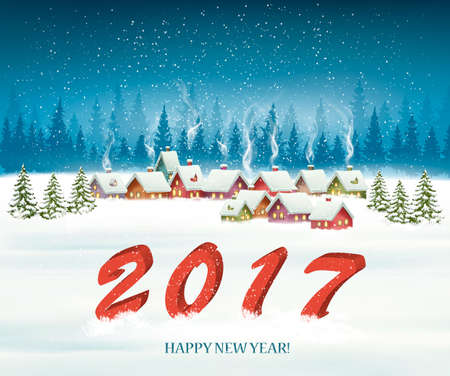 Winter village night New year background. Vector.のイラスト素材