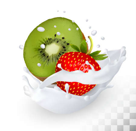Strawberry and kiwi in a milk splash on a transparent background. Vector.のイラスト素材