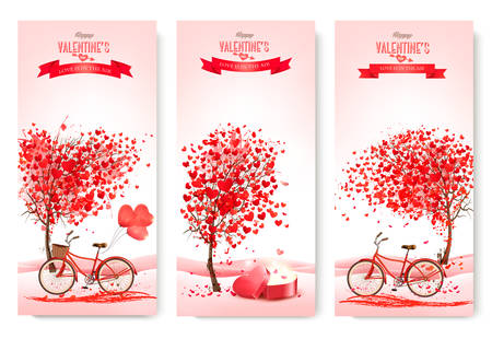 Three valentine's day banners with pink trees and hearts. Vector.のイラスト素材