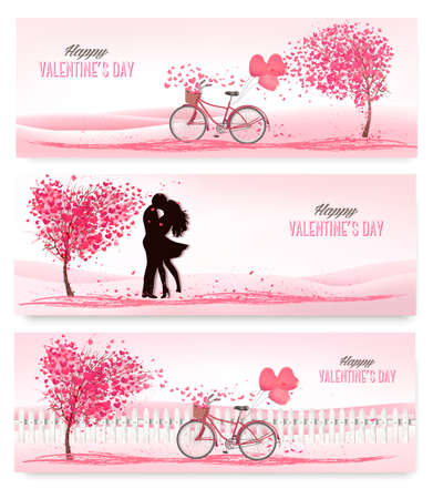 Three valentine's day banners with pink trees and hearts. Vector.のイラスト素材