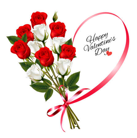 Happy Valentine's Day beautiful background with roses and red ribbon Vector.のイラスト素材
