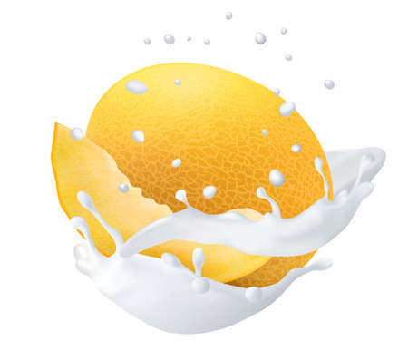 Yellow Honeydew Melon in a milk splashのイラスト素材